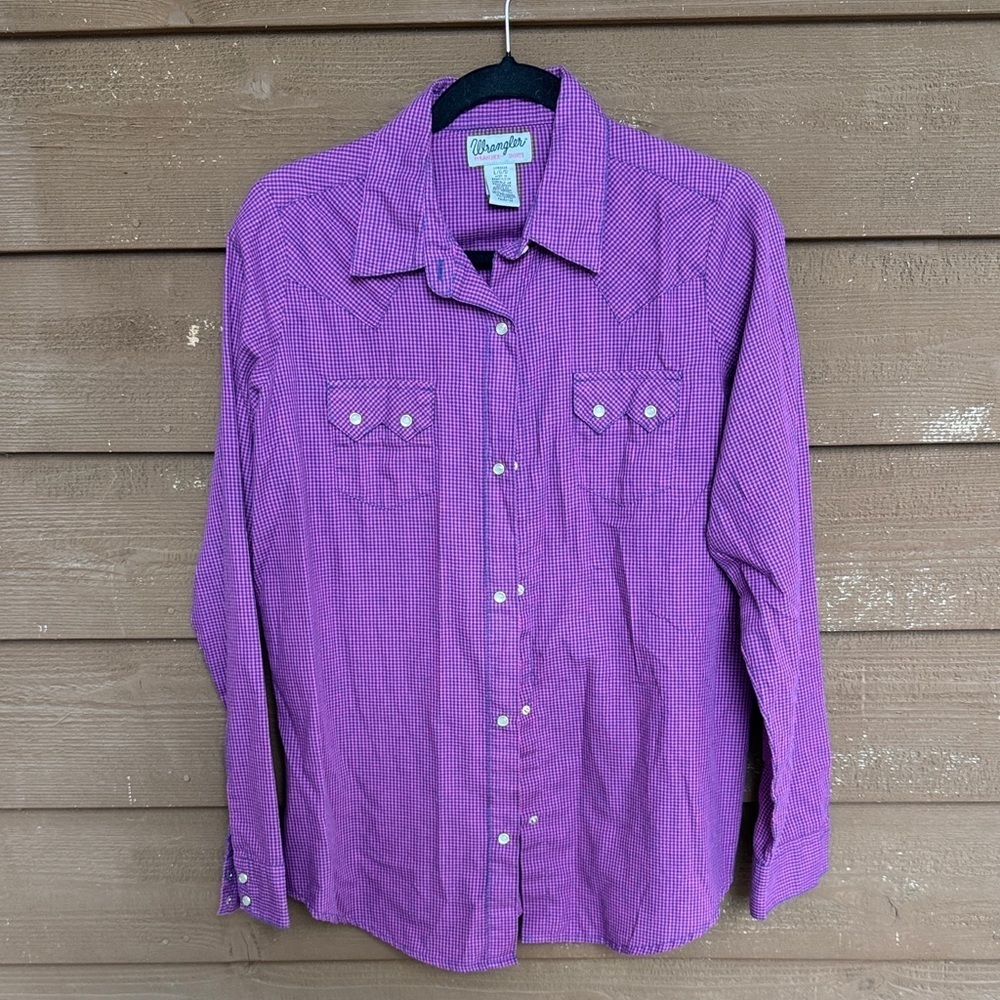 Wrangler pink and blue pearl snap Western Girls Long Sleeve Shirt size L